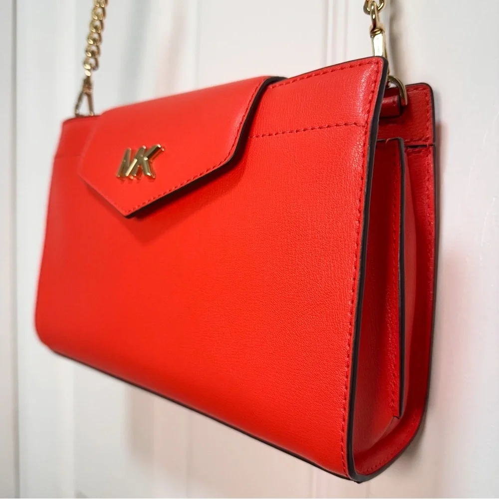 Michael Kors Structured Red Leather Chain Strap Crossbody Clutch